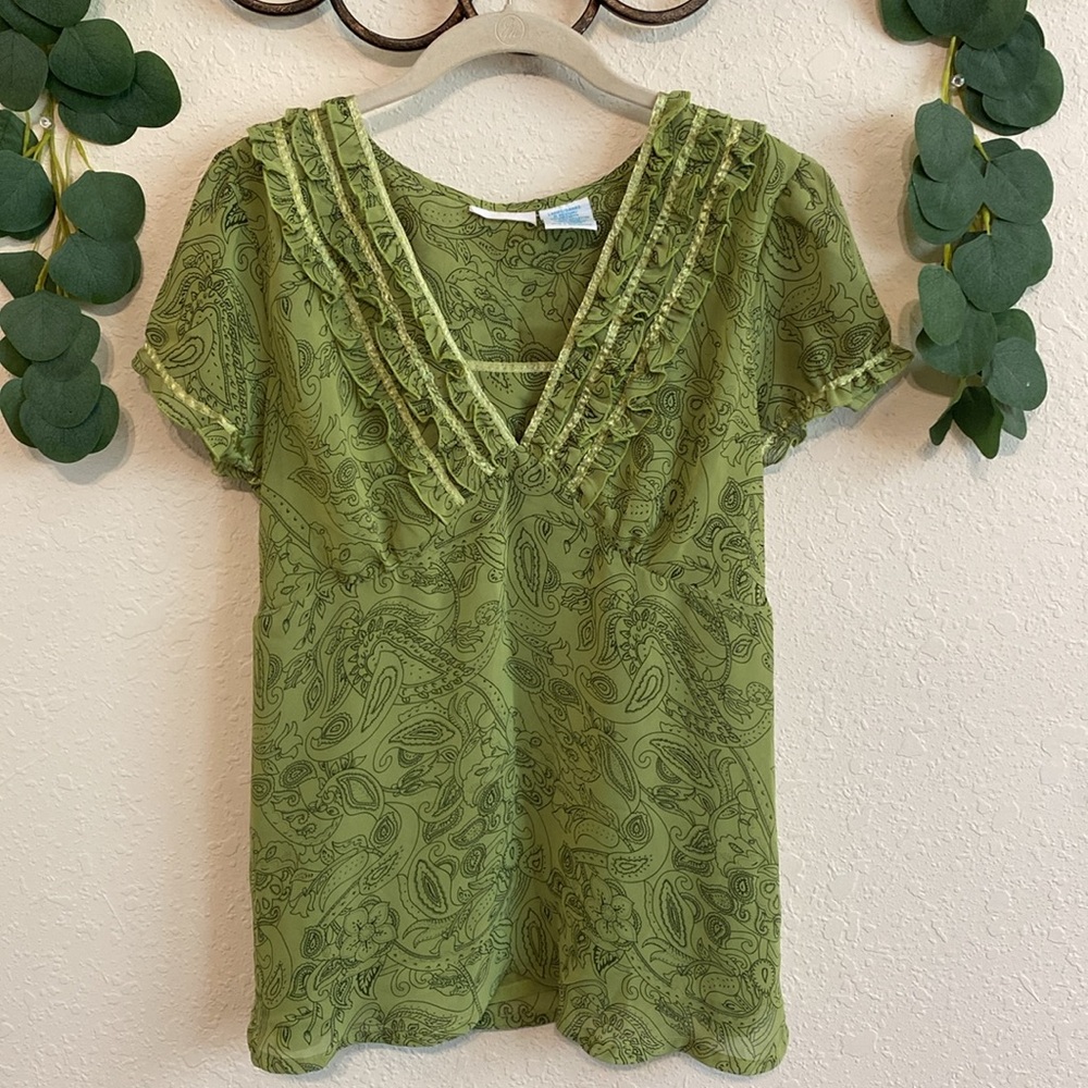 SOLD❣️❣️Vintage 90s/Y2K Green Paisley Ruffled Fairy Top✨ - Picture 1 of 8